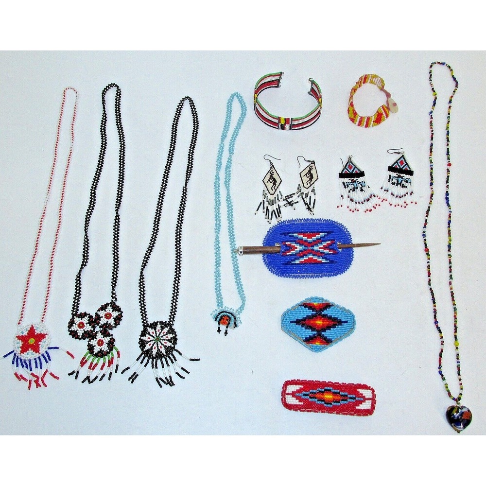 Lot Handmade Native Style Beaded jewelry - necklace, barrette, earring, bracelet